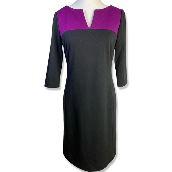 ⭐️TAHARI ASL Black & Purple Colorblock Shift Dress 3/4 Sleeves - Picture 1 of 6
